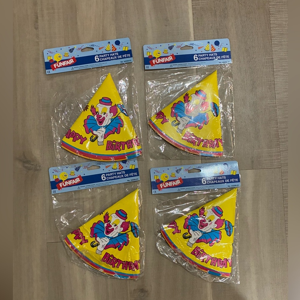 Vtg Circus Clown Happy Birthday Party Paper Cone Hat
Yellow Bozo NIP LOT OF 4